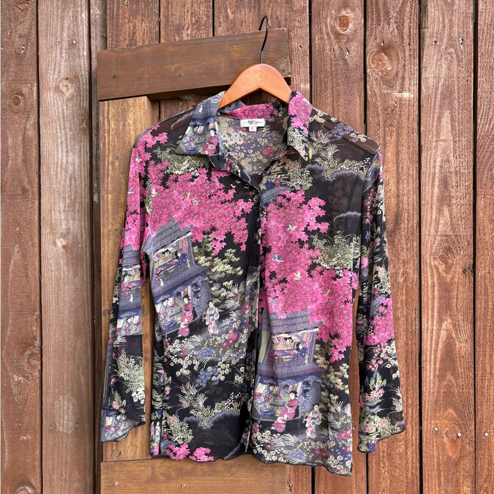 Vintage Heart Soul Y2K Black Sheer Japanese Cherry Blossom Whimsy Button Down